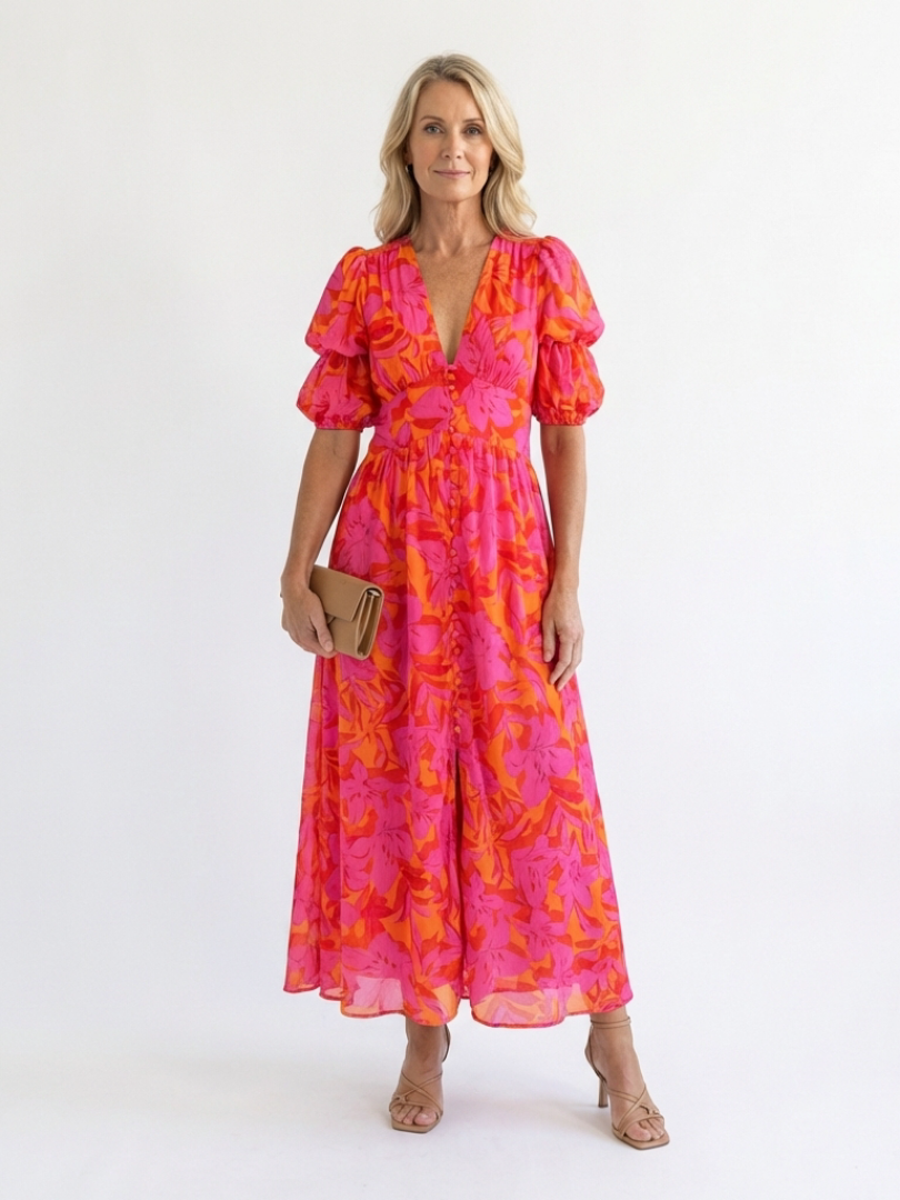 Isla & June | Floral V Neck Puff Sleeve Midi Dress