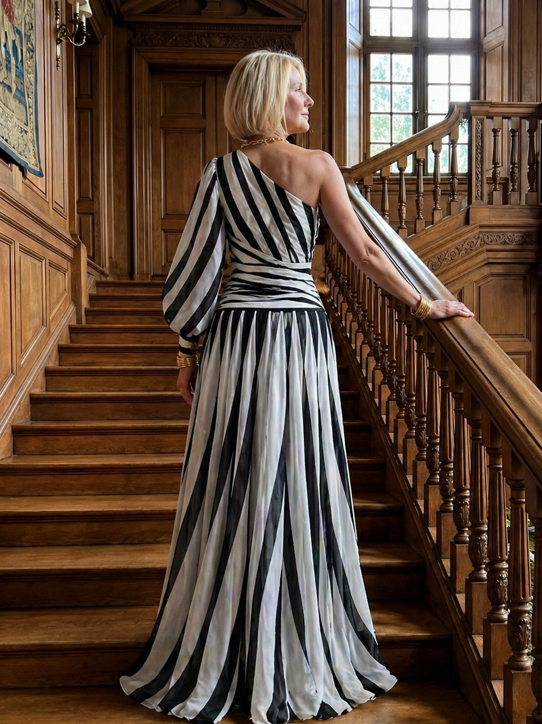 Isla & June | Elegant Striped Maxi Dress with One Shoulder