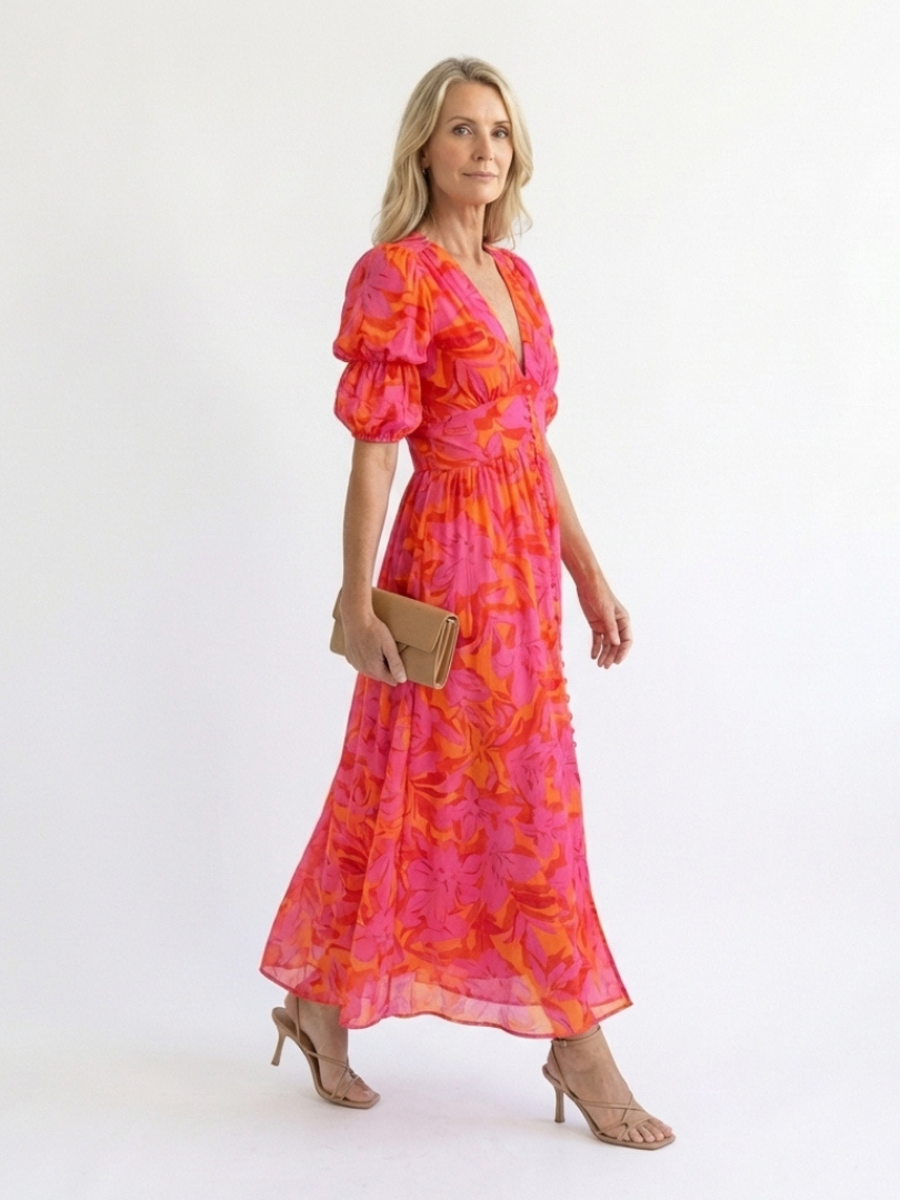 Isla & June | Floral V Neck Puff Sleeve Midi Dress