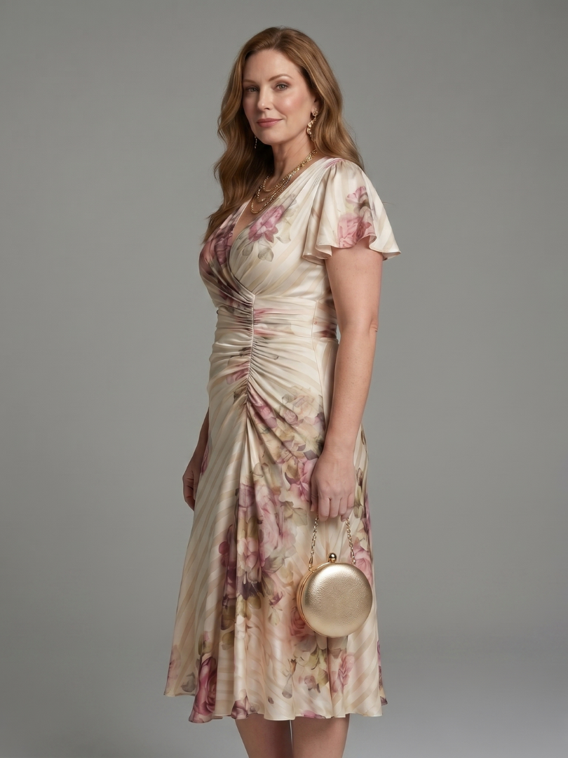 Isla & June | Flutter Sleeve Wrap Floral Stripe Print Midi Dress