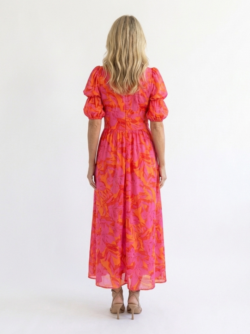 Isla & June | Floral V Neck Puff Sleeve Midi Dress