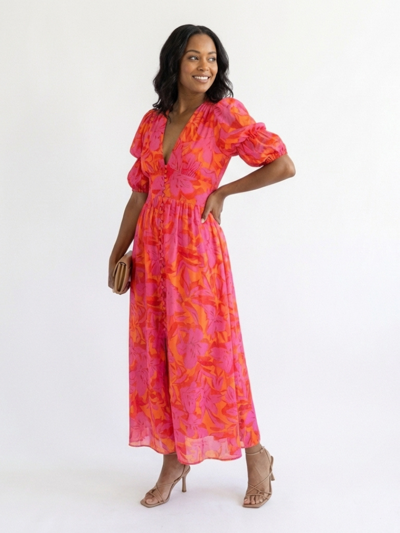 Isla & June | Floral V Neck Puff Sleeve Midi Dress
