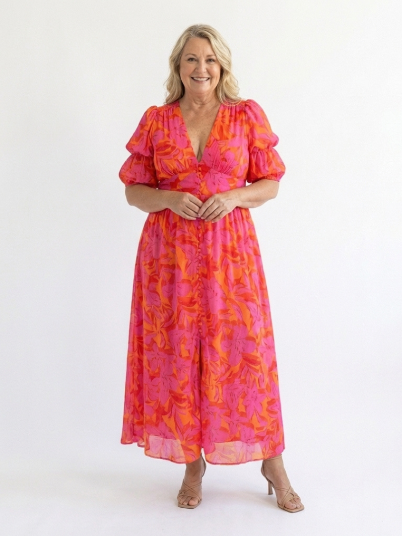 Isla & June | Floral V Neck Puff Sleeve Midi Dress