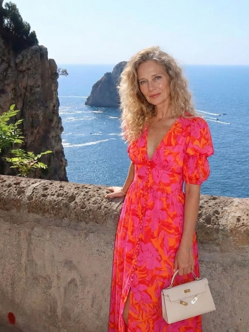 Isla & June | Floral V Neck Puff Sleeve Midi Dress