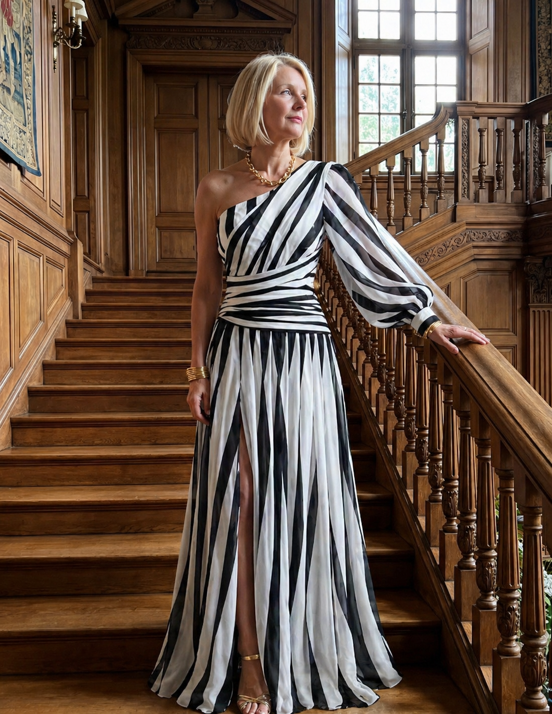 Isla & June | Elegant Striped Maxi Dress with One Shoulder