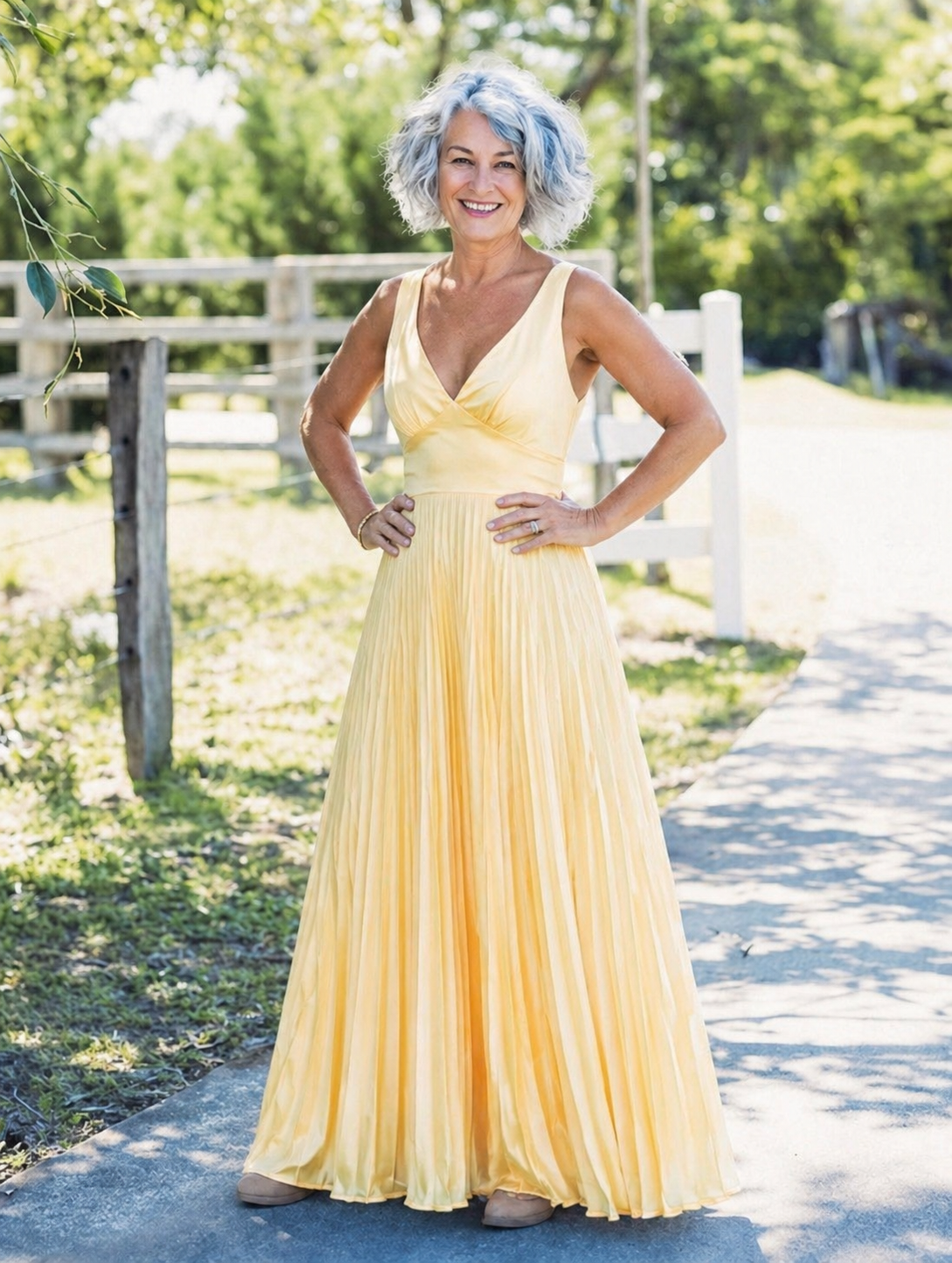 Isla & June | Pleated V-Neck Maxi Dress