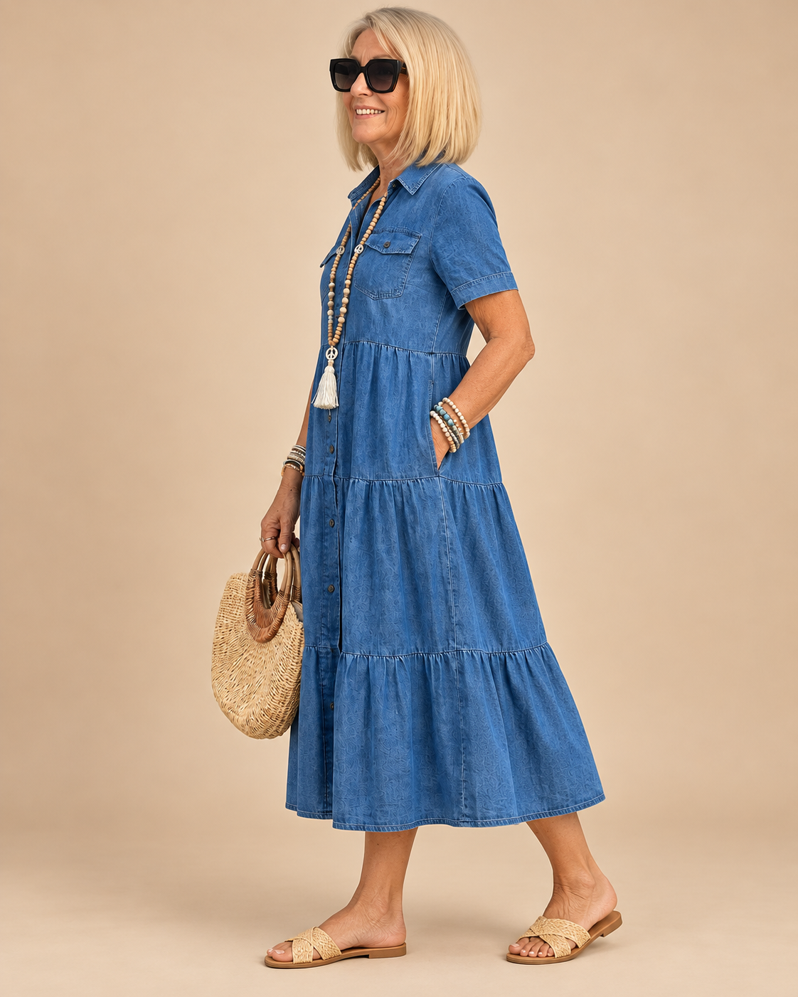 Odelia Relaxed Tiered Button-Front Midi Dress