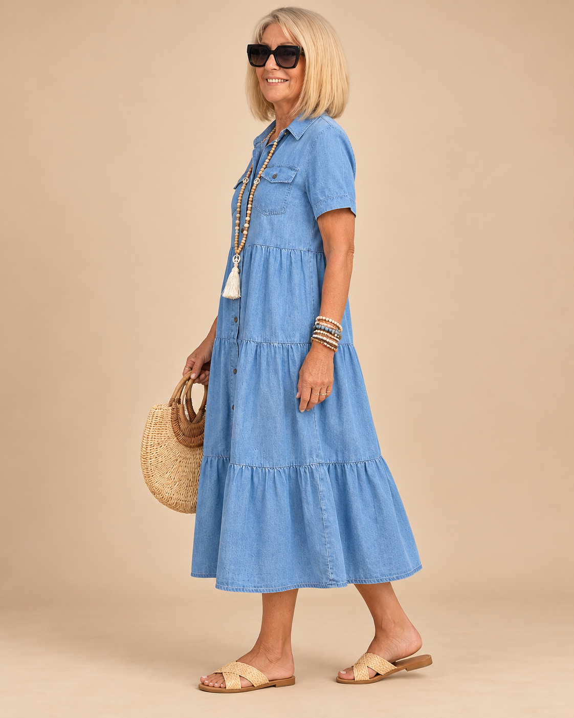 Odelia Relaxed Tiered Button-Front Midi Dress