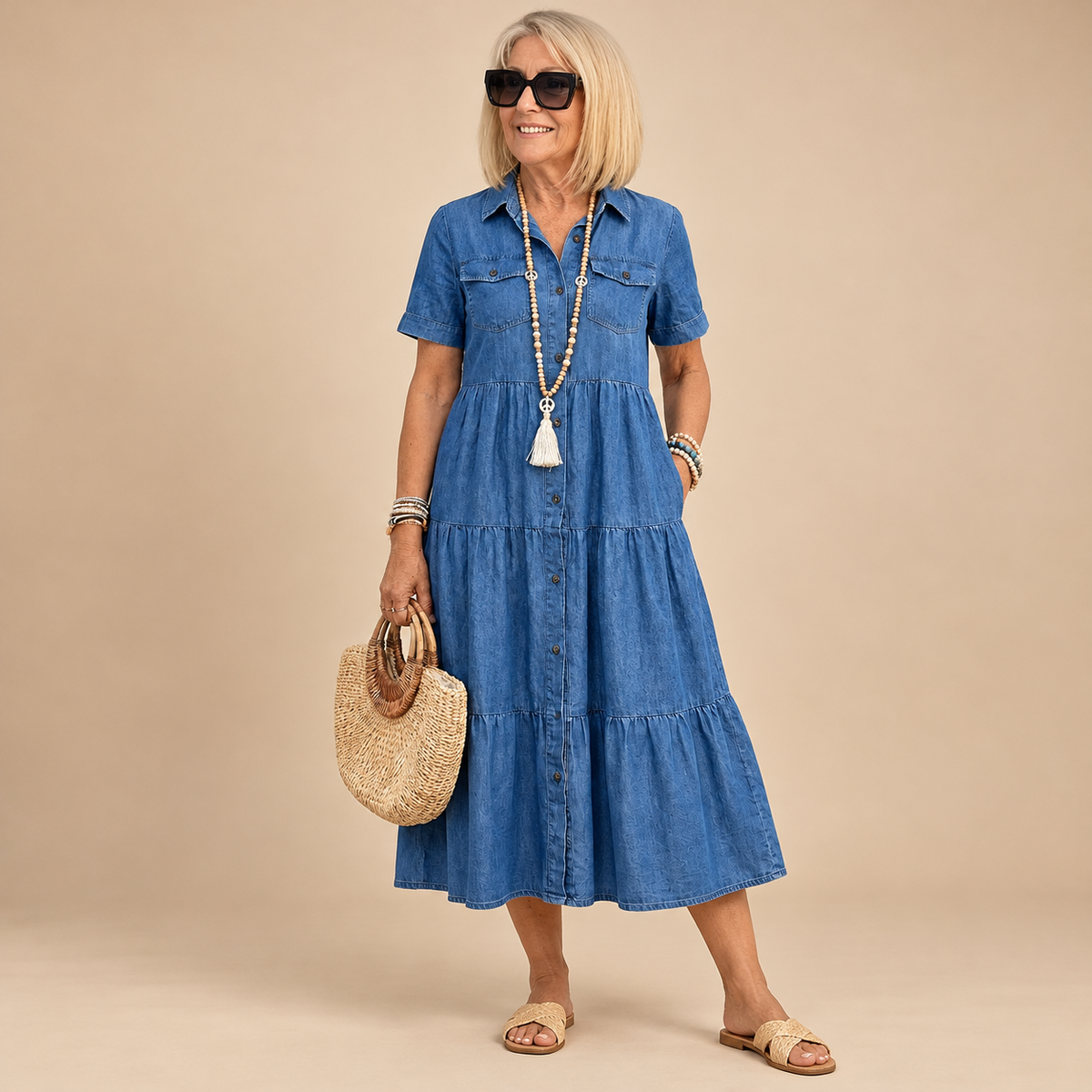 Odelia Relaxed Tiered Button-Front Midi Dress