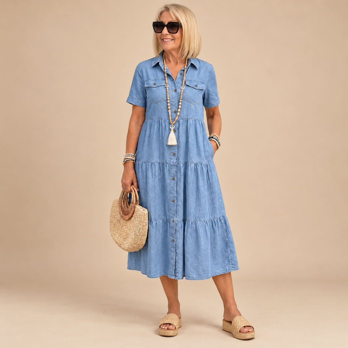 Odelia Relaxed Tiered Button-Front Midi Dress