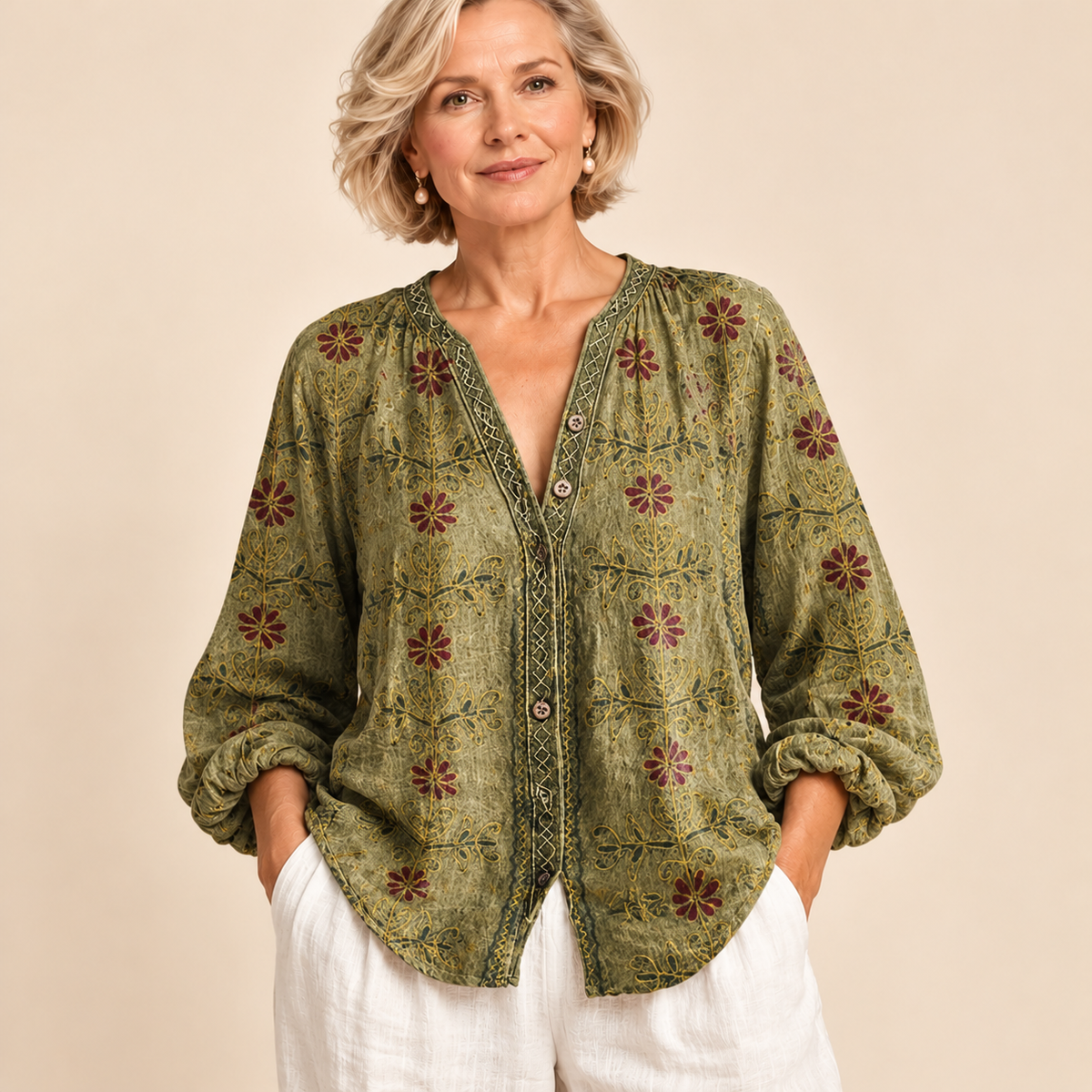 Helena | Women's Linen Long Sleeve Button-Down Blouse