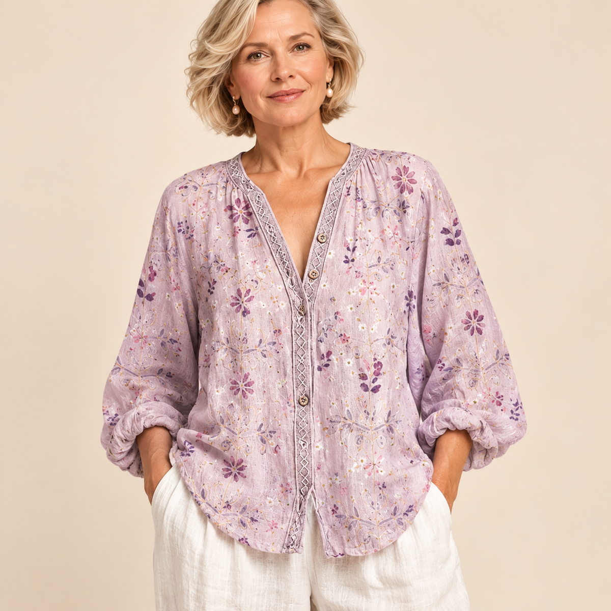 Helena | Women's Linen Long Sleeve Button-Down Blouse