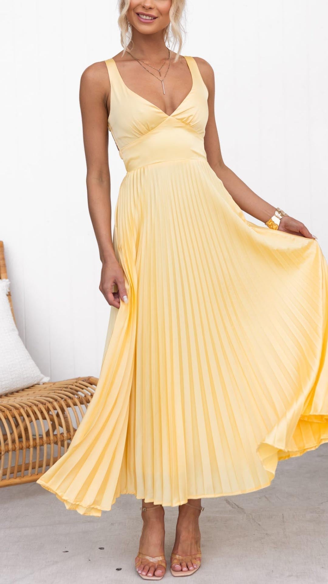 Isla & June | Pleated V-Neck Maxi Dress