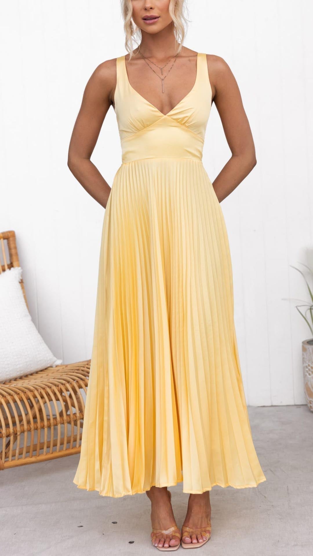 Isla & June | Pleated V-Neck Maxi Dress
