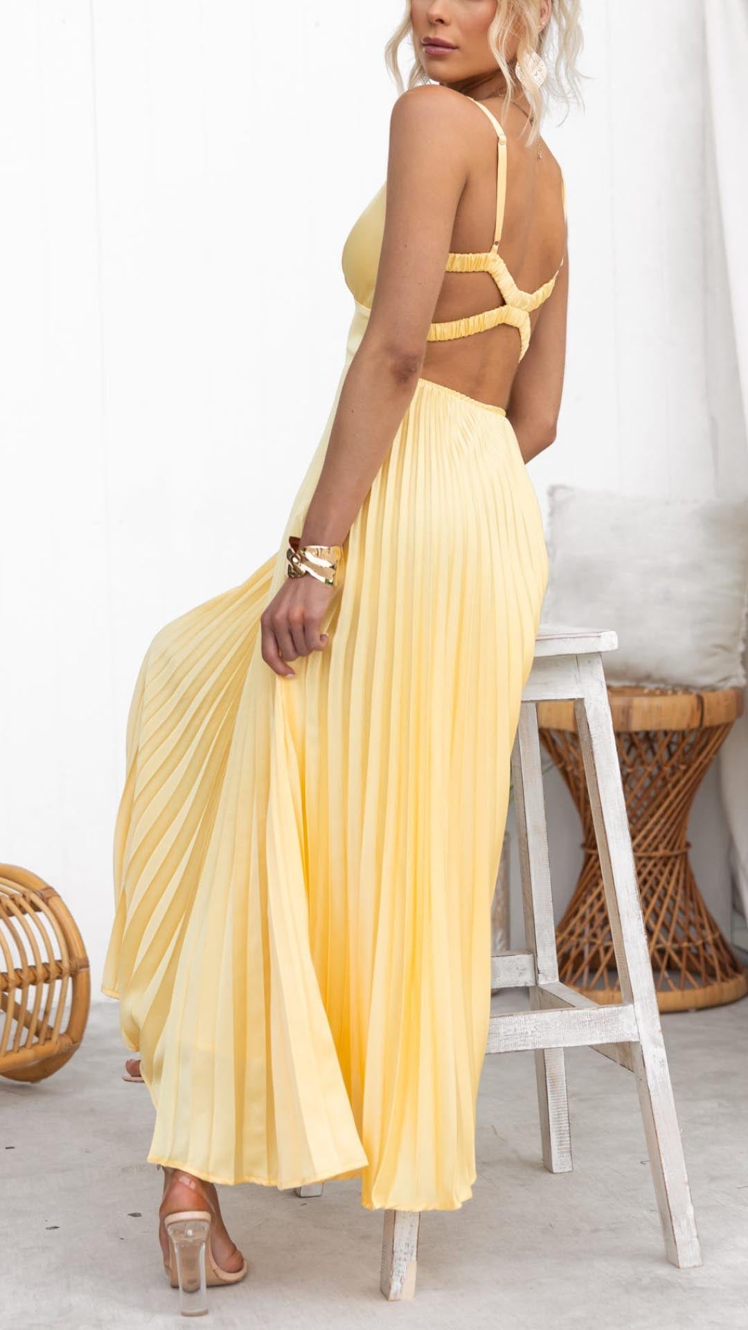 Isla & June | Pleated V-Neck Maxi Dress